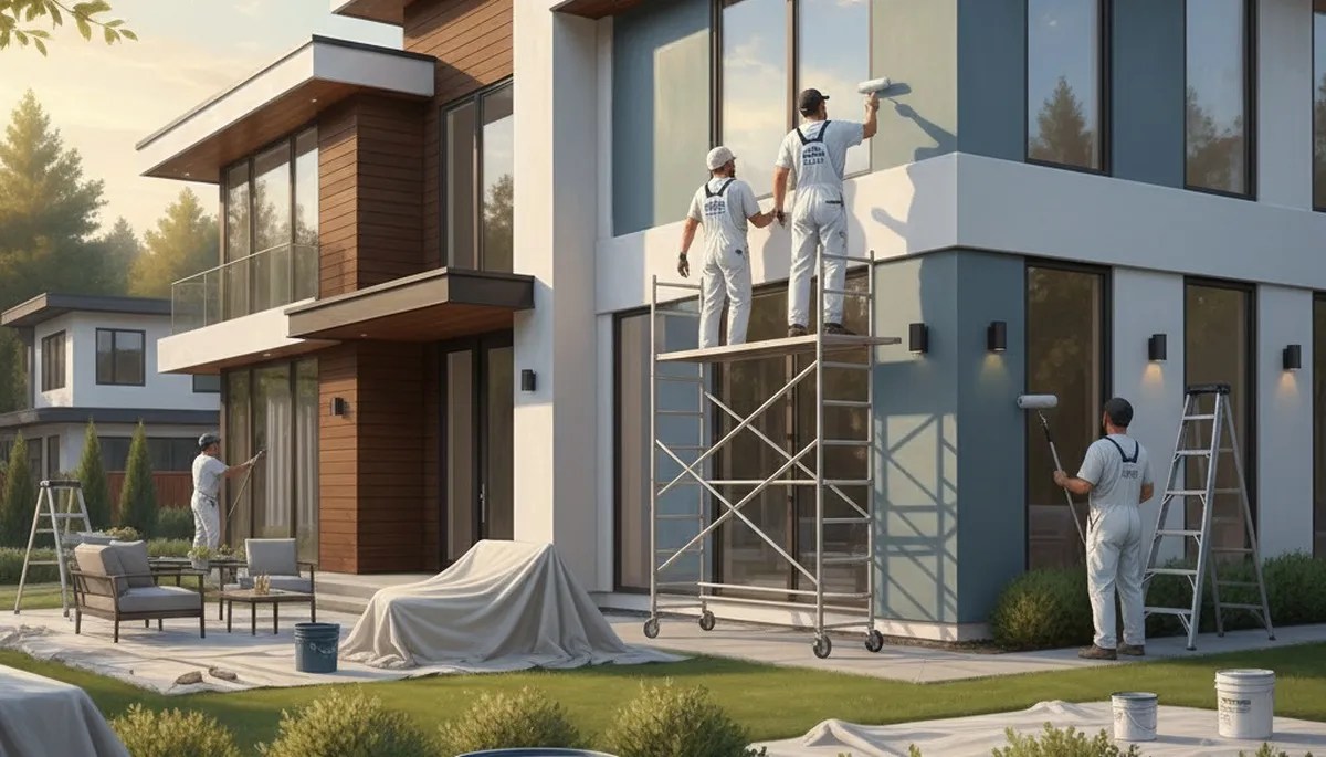 St Louis, MO house painting crew applying exterior paint to a home with ladders and prep equipment