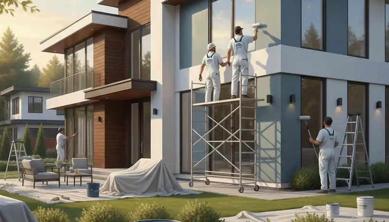 St Louis, MO house painting crew applying exterior paint to a home with ladders and prep equipment