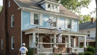 Exterior painting crew in St Louis, MO preparing a home for professional exterior painting