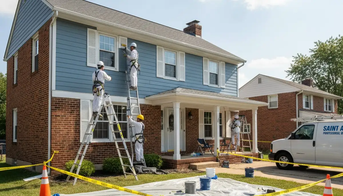 Exterior painting crew serving St Louis, MO, applying durable house paint to a home exterior