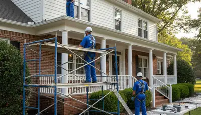 Exterior painting crew serving St Louis, MO on a residential home with professional painting equipment